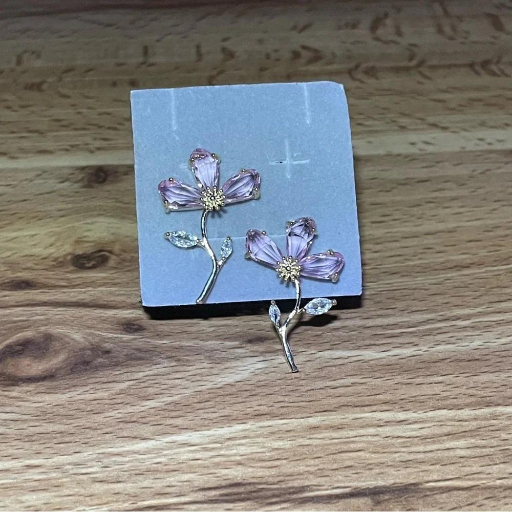 Pink Flower Stem Women Earrings  14K Gold Plated